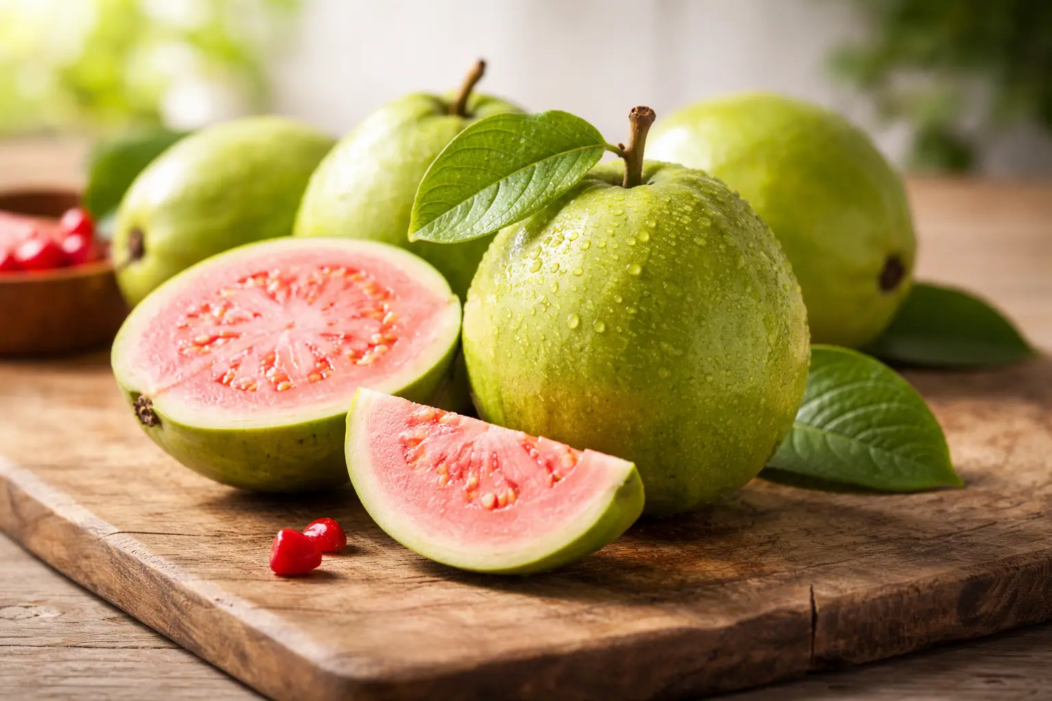 fresh guava with pink inside cut pieces on wooden board vitamin c rich fruit