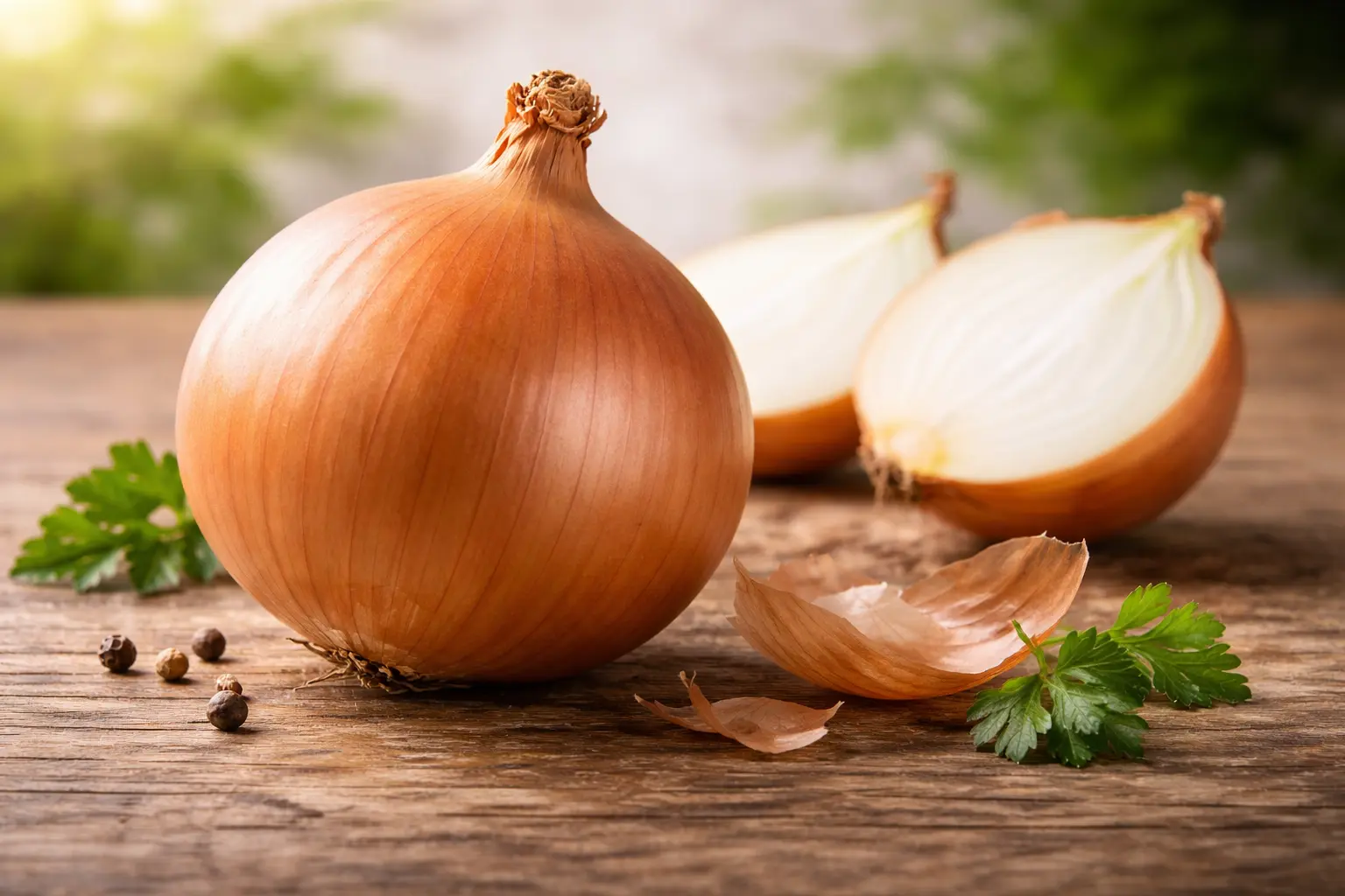 fresh onion whole and cut on wooden surface indian kitchen staple vegetable