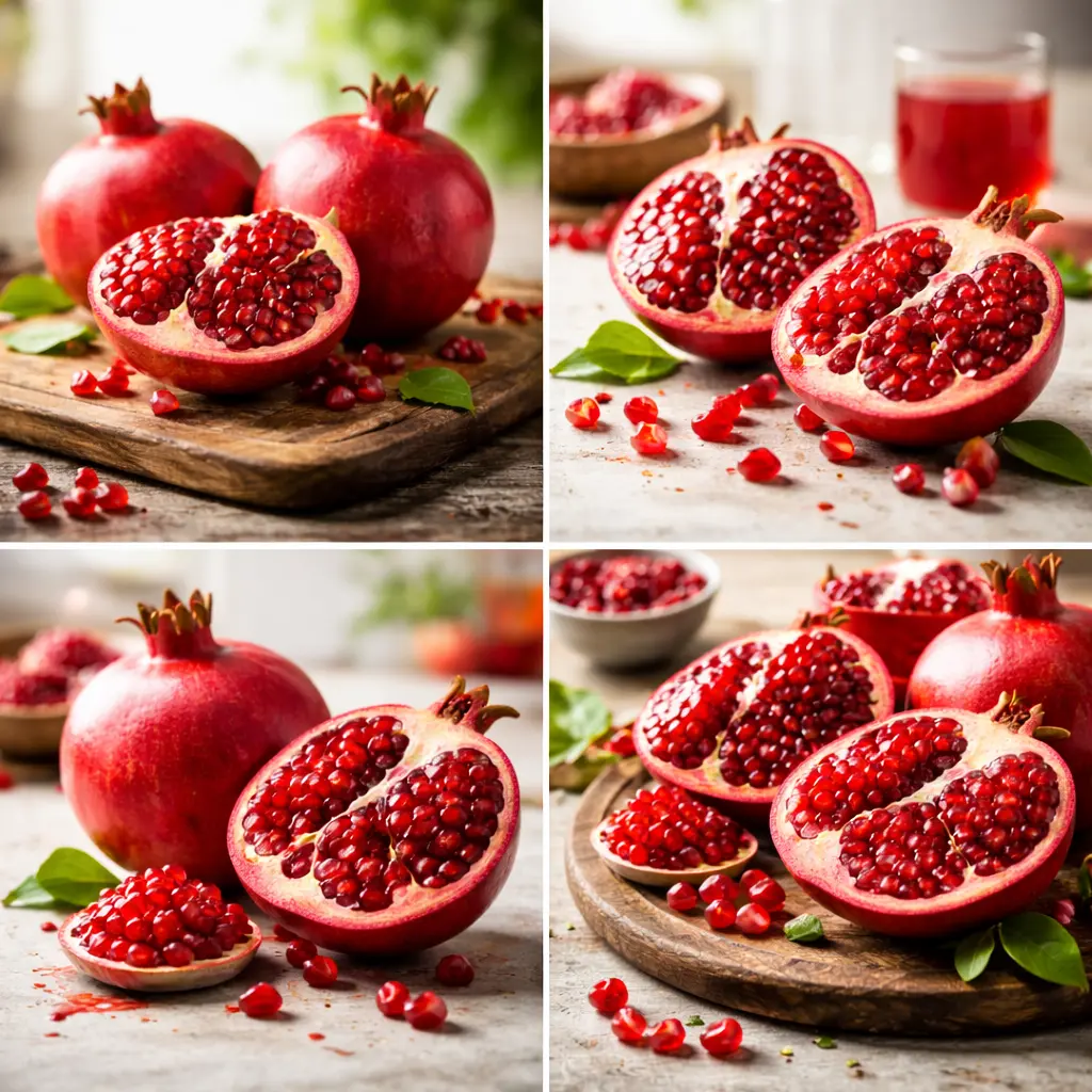 fresh pomegranate cut open showing juicy red seeds rich in antioxidants