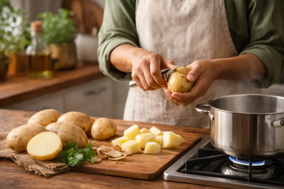 Potato preparation in Indian kitchen – peeling fresh potatoes for healthy cooking