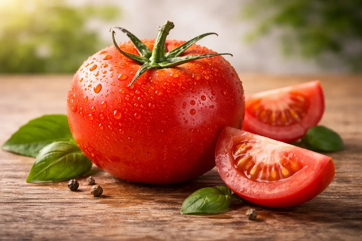 fresh red tomato with water drops on wooden surface juicy healthy vegetable