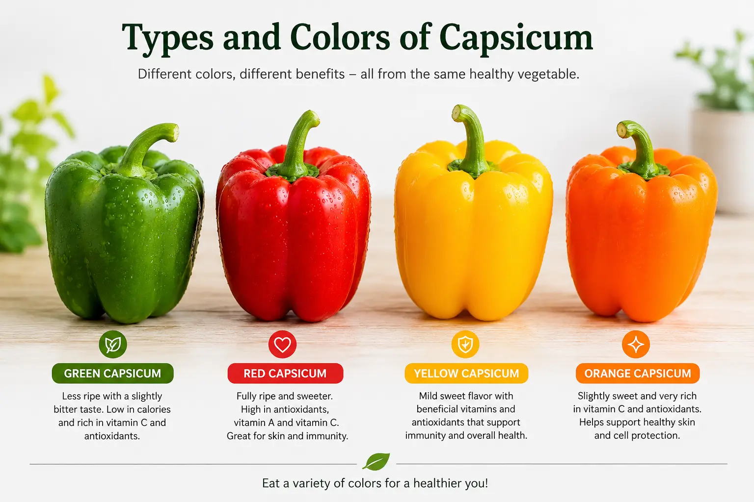 Green, red, yellow, and orange capsicum comparison showing different colors and health benefits of bell peppers.