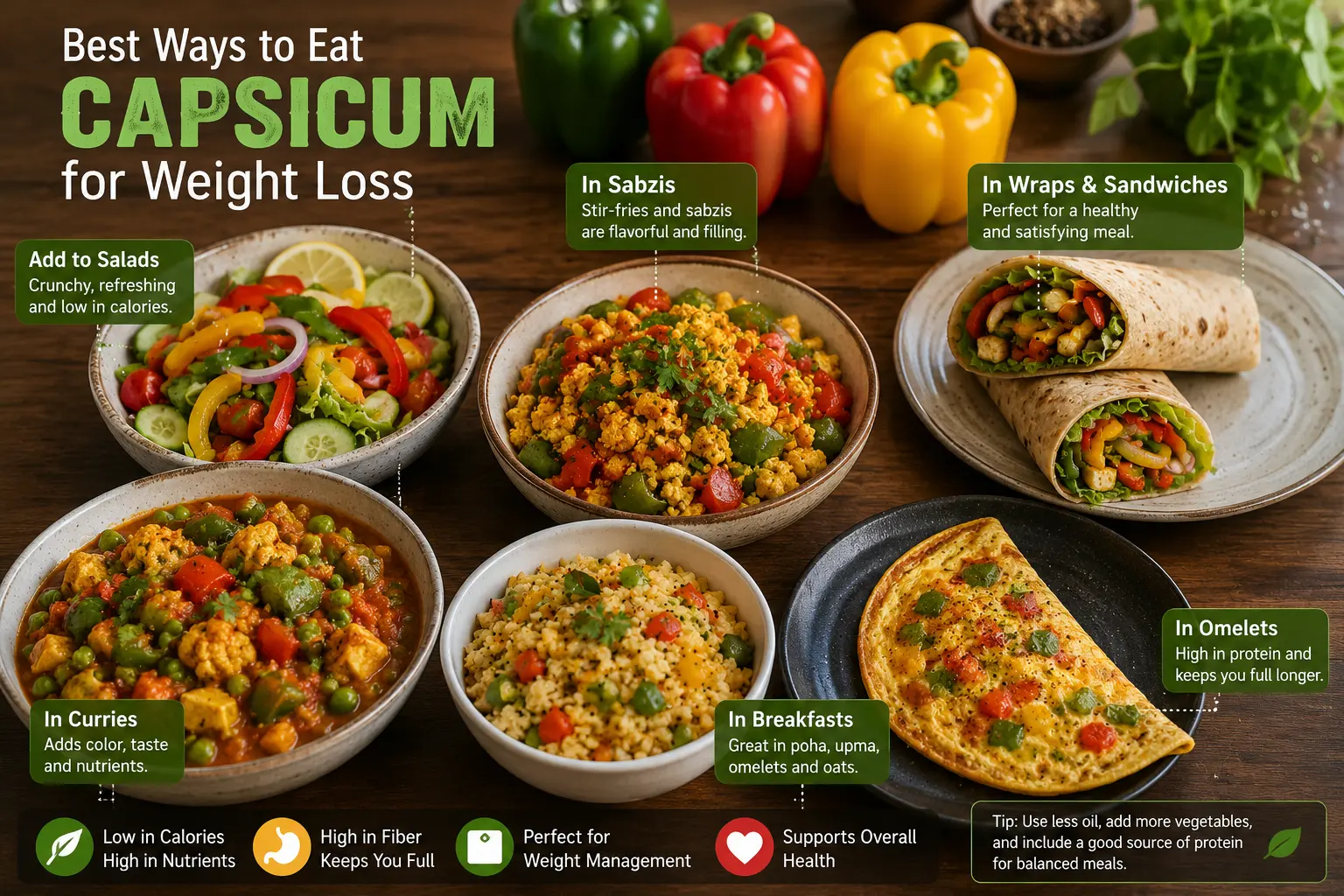 Healthy Indian meals with capsicum including salad, curry, wraps, and omelet for weight loss and balanced eating.