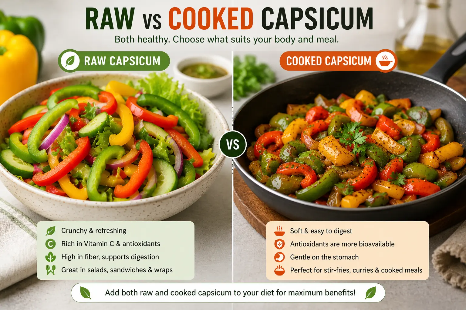 Raw vs cooked capsicum comparison showing salad and stir-fried bell peppers with digestion and nutrition benefits.