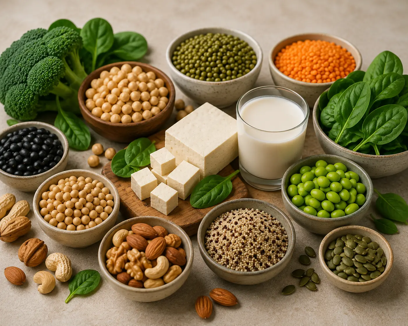 Healthy vegetarian protein foods including tofu, lentils, soybeans, quinoa, nuts, seeds and leafy greens