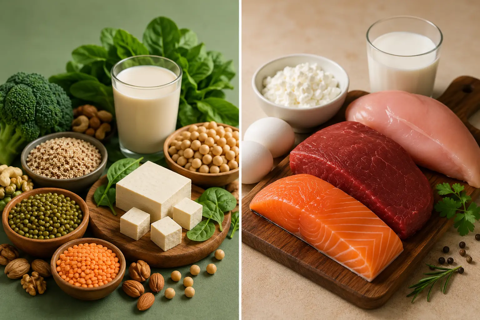 Protein benefits comparison showing vegetarian and non vegetarian protein foods including tofu, lentils, nuts, soybeans, eggs, chicken, fish and dairy sources