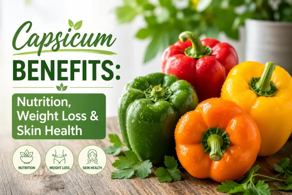 Fresh colorful capsicums showing nutrition and health benefits on a wooden table